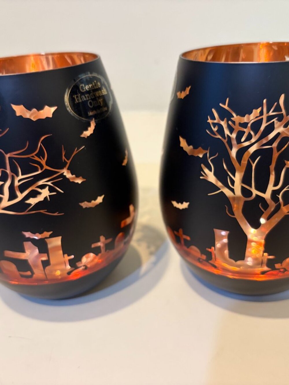 SET/2 DRNKART BLACK/ORANGE SEE-THRU HALLOWEEN STEMLESS WINE GLASSES 5" Tall New